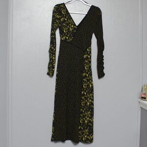 Topshop NWT A Line Black Animal Print V Neck Long Sleeve midi dress